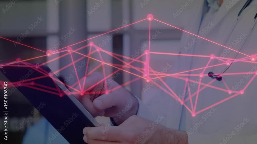 Doctor holding tablet scrolling and activating network overlay during patient record review