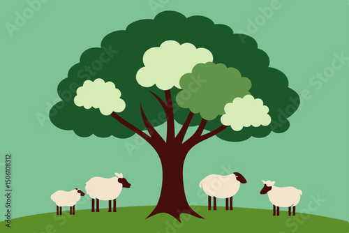 Cartoon illustration of sheep and lamb grazing on a green meadow with a tree under a summer sky