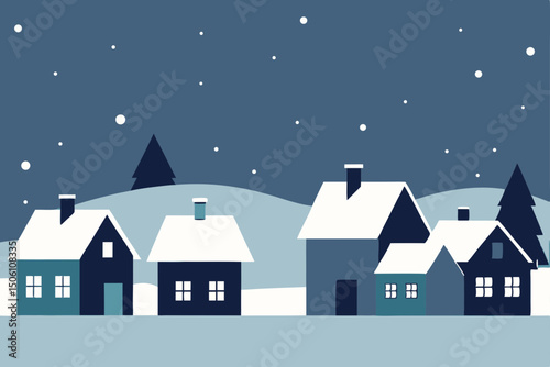 Christmas winter night landscape with houses and snow-covered trees
