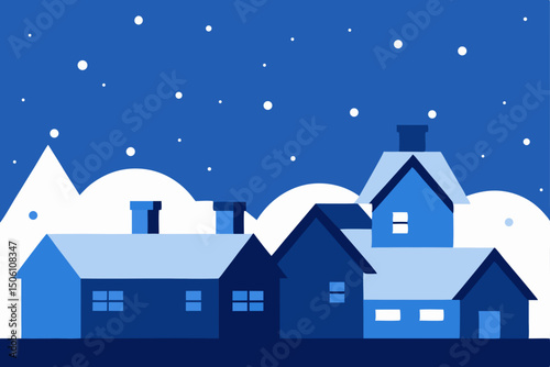 Winter wonderland home icon illustration, a festive real estate housing concept with snow-covered roofs and illuminated windows