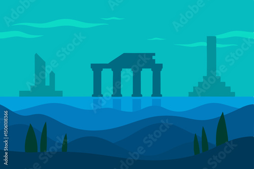 Vector illustration of a vibrant cityscape with a skyline silhouette of urban buildings and towers against a dramatic sunset or night sky