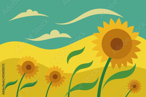 Bright yellow sunflowers bloom in a beautiful summer field, a vibrant floral vector illustration of nature's sun