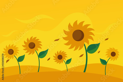 Yellow sunflowers bloom bright in a summer nature field vector illustration under the sky