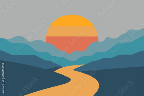 Beautiful mountain and sea landscape at sunrise or sunset under a colorful sky