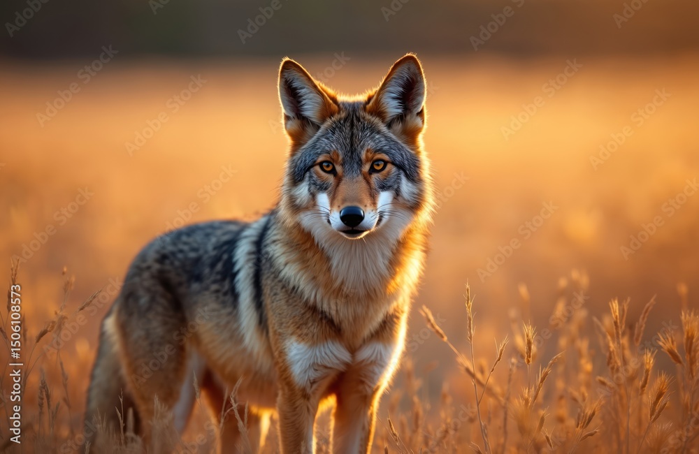 Obraz premium Alert American coyote stands prairie, bathed warm glow setting sun. Serene wild iconic creature natural habitat. Golden hour dusk, warm light. Natural light, animal portrait, wildlife scene.