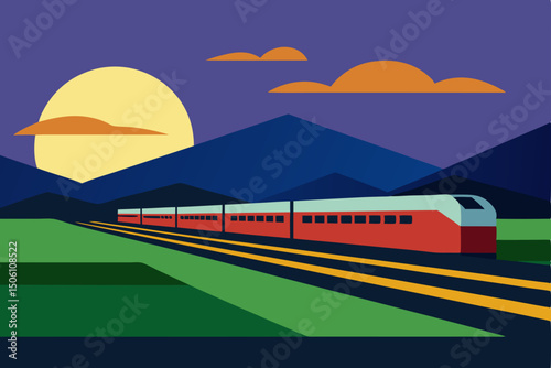 Sunset train travel illustration on a city railway with scenic sky and landscape