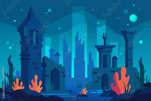 Dark urban night cityscape illustration with spooky haunted castle and moonlit sky silhouette