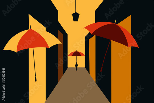 Vector illustration of a silhouetted person enjoying a beach sunset with an umbrella, offering tropical summer protection by the ocean coast