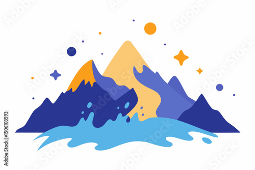 Snowy winter mountain landscape vector illustration with cold blue sky and sun