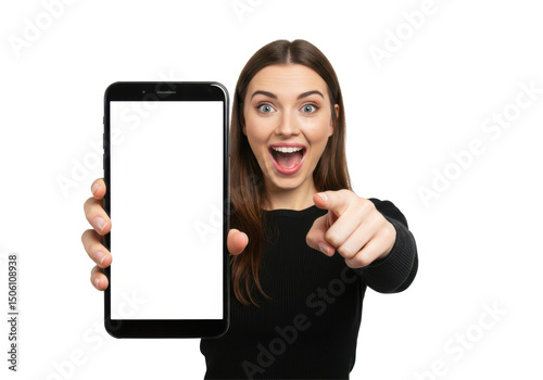 Surprised woman holding and showing a large smartphone with blank screen to the camera – isolated on white background, perfect for mockups, app previews, or phone screen UI templates