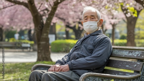 A close-up portrait of an elderly man, appearing to be of East Asian ethnicity, wearing a white medical face mask.