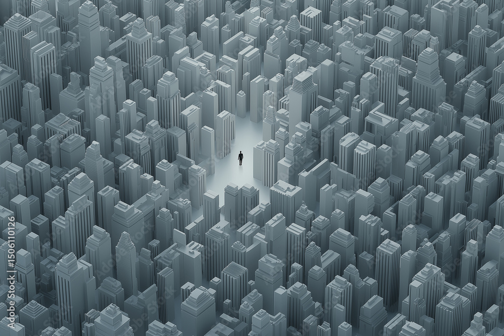 Fototapeta premium Urban Labyrinth: Lone Figure Lost in a Low-Poly Cityscape, Visualizing Alienation in Modern Metropolises.
