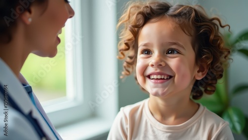 A close-up shot shows a young child, possibly a baby or toddler, smiling with their mouth open, revealing their teeth, set against a light background.