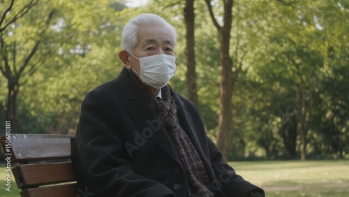 A close-up portrait of an elderly man, appearing to be of East Asian ethnicity, wearing a white medical face mask.