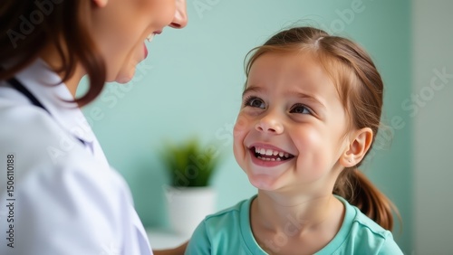 A close-up shot shows a young child, possibly a baby or toddler, smiling with their mouth open, revealing their teeth, set against a light background.