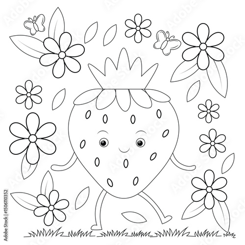 A strawberry wearing a crown, dancing in a floral parade