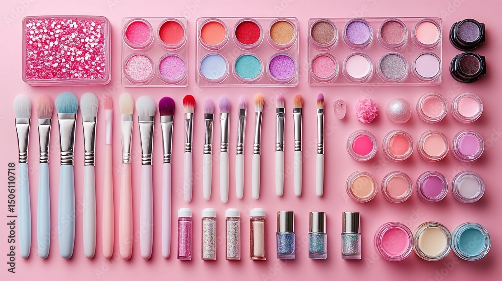 Fototapeta premium Harmonious arrangement of makeup brushes and cosmetics in soft pink hues creates elegance
