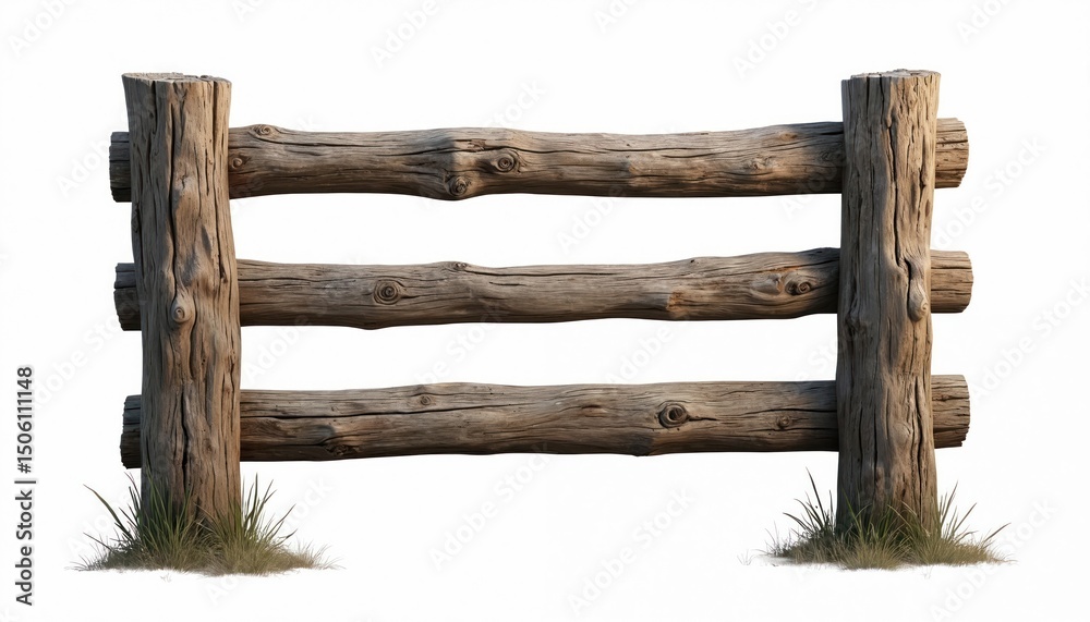 Obraz premium Rustic wooden fence isolated on white background. Aged split rail fence, old weathered timber construction. Natural wooden texture, for decoration. Rural landscape, countryside, garden barrier