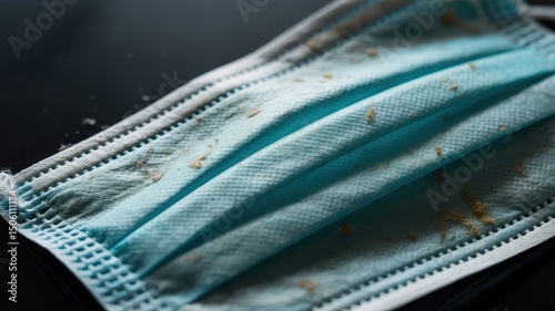 A light blue disposable medical face mask, appearing used, lies on a dark surface, covered with small brown debris.