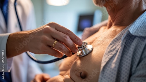 
A close-up shot shows a doctor, wearing a white coat and a ring, using a stethoscope to listen to the chest of an older, bare-chested patient in what appears to be a medical examination setting.