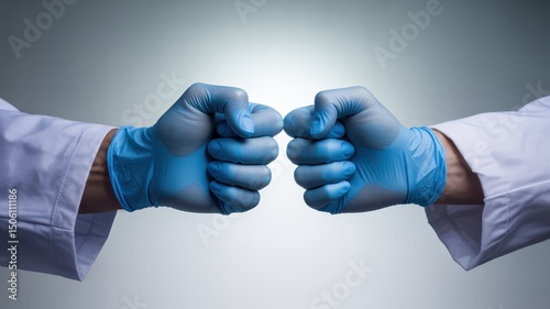 Two medical professionals, likely surgeons, wearing white lab coats and blue protective gloves, are shown in a close-up performing a fist bump as a form of greeting or camaraderie, set against a neutr