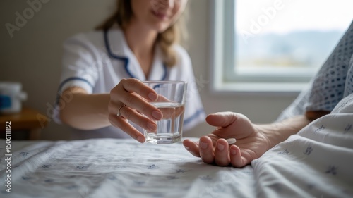 
A kind-faced nurse, partially visible, offers a glass of water to a patient who holds a white pill in their hand, indicating medication time in a hospital or home care setting.