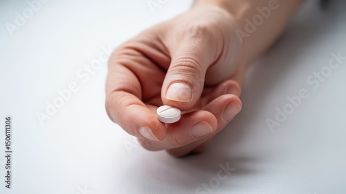 A close-up shot shows a hand holding a single, light-colored, round pill with a score line against a plain white background.