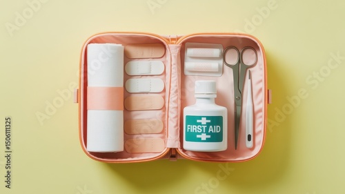 A clean, open first aid kit filled with neatly arranged medical supplies like bandages, a bottle, scissors, and a thermometer on a plain yellow background.