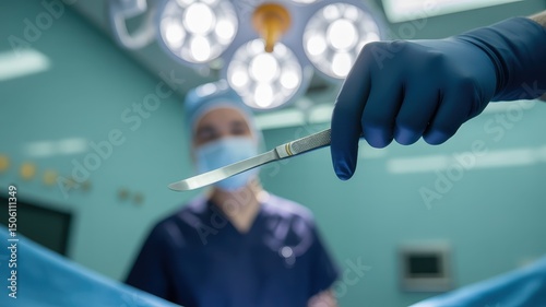 A surgeon's gloved hand holds a scalpel against a backdrop of an assistant and medical lighting.