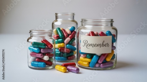 Three clear glass jars of varying sizes are filled with colorful pharmaceutical capsules, with the largest jar having a label that says 