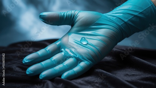 A single drop of liquid rests on the palm of a hand covered by a teal medical glove, set against a dark, textured background.