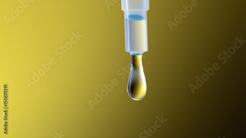 A close-up macro shot focuses on several clear saline or liquid drops suspended from a dispenser, highlighting the liquid's surface tension.