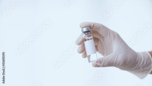 A gloved hand holds a clear glass medical vial with a blank white label and silver cap, against a plain light background.