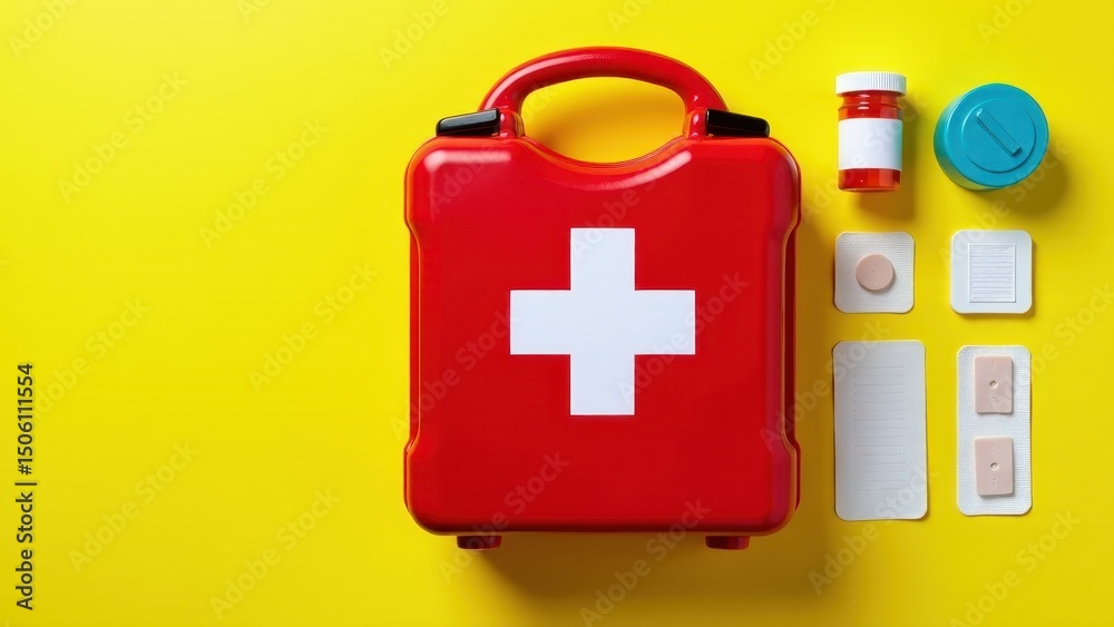 Obraz premium Top-down view of a red first aid kit with a white cross and various medical supplies on a vibrant yellow background. AI generated