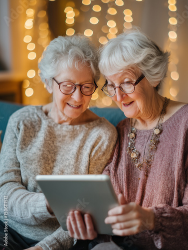 two senior women sitting side by side on a sofa, using a tablet together