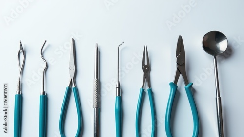 A clean, overhead shot on a plain white background displays a collection of various dental or surgical tools. 