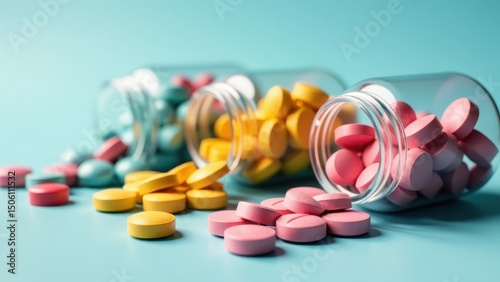 
Three overturned clear plastic bottles are spilling a colorful assortment of pink, yellow, and blue pills onto a light blue surface.