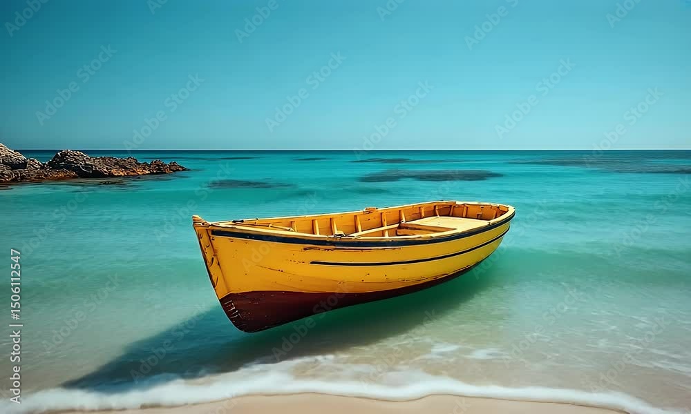 Yellow boat on a tranquil beach, clear turquoise water, rocks, summer.