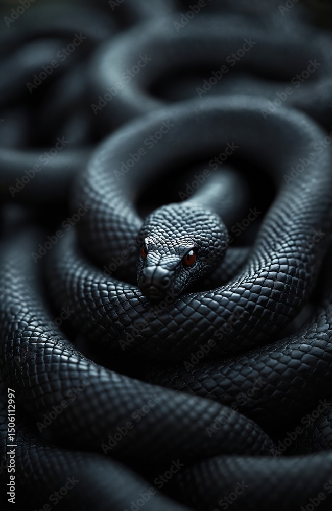 Fototapeta premium Close-up of black snakes with red eyes coiled each other. Wild animals coiled bodies, reptile scales, danger, venom, nature, snake skin texture. Wildlife animal close up.