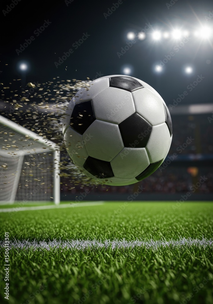 Fototapeta premium A digitally rendered soccer ball in motion with pixelated effects flies towards the goal against a stadium backdrop under stadium lights. Green grass and white lines are in the foreground.