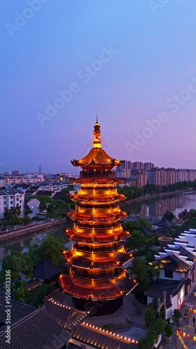 4k real time Aerial view of Shanghai Sijing Ancient Town at night.