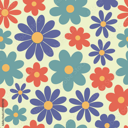 Colorful seamless floral pattern featuring stylized flowers on a soft yellow background