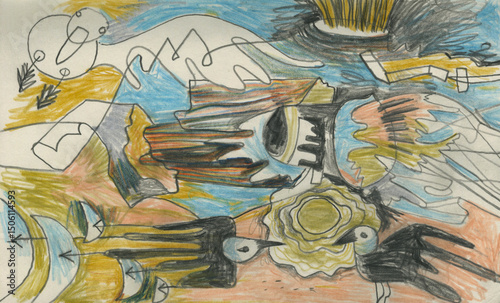 Expressive hand-drawn abstract illustration — three stylized birds, organic shapes and surreal flow of color. Colored pencil composition in dynamic imaginative style.