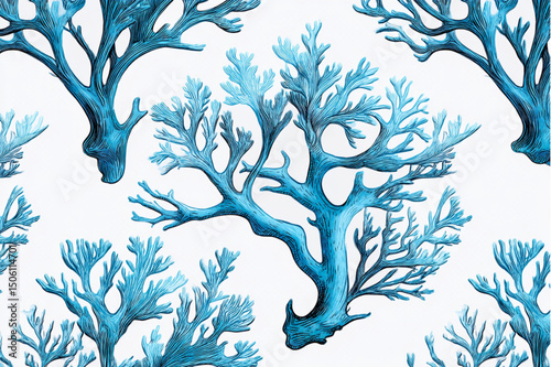 Seamless pattern of blue coral branches on a white background creating a decorative wallpaper design
