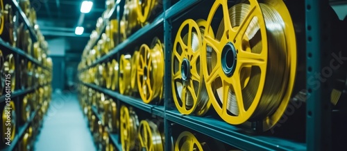 In a dark storage room, multiple stacks of film reels are stored, perfect for use in industrial or archival settings