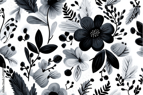 A monochrome floral pattern with flowers leaves and berries in shades of black gray and white colors
