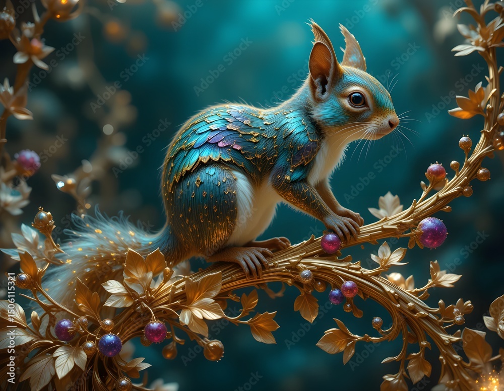 Fototapeta premium Aurelian Scurry: Squirrel of the Gilded Boughs in a Cyber-Nouveau Eden