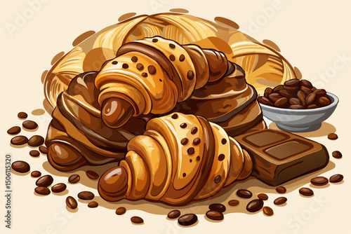 vector of A tempting arrangement of fresh, flaky croissants with rich chocolate chips, cocoa powder and chocolate chips, a delightful breakfast feast.