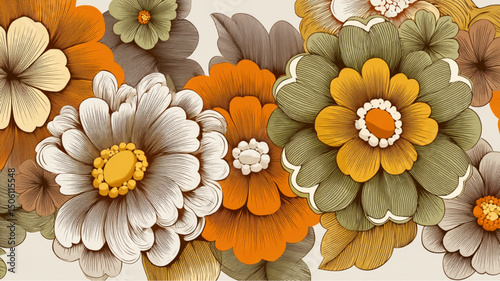 A floral arrangement featuring white orange green and brown flowers with detailed line work design style