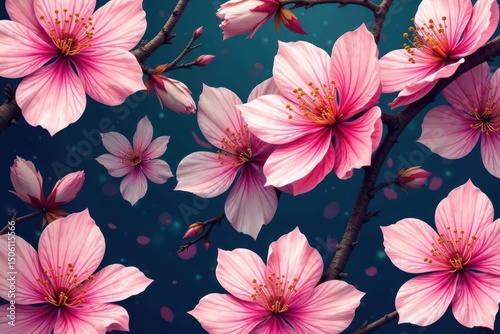 Vibrant sakura pattern, bold strokes, stylized blooms , sakura tree, abstract